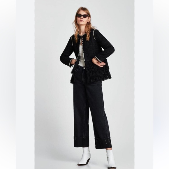 ZARA Pom-Pom Fringe Tweed Boucle Jacket Blazer - Picture 3 of 5